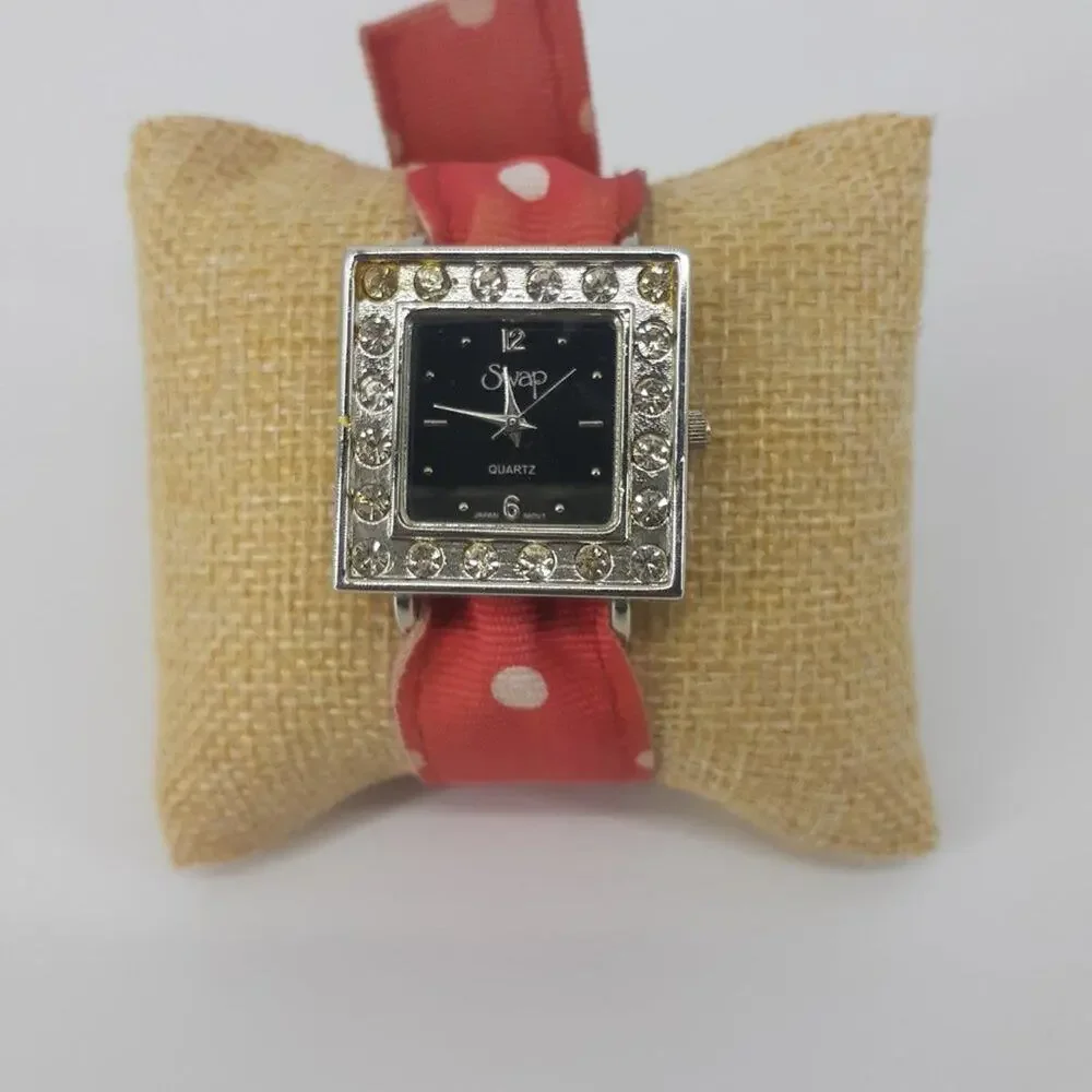 Swap Women Ribbon Wristwatch Red White Polka dot Rhinestone